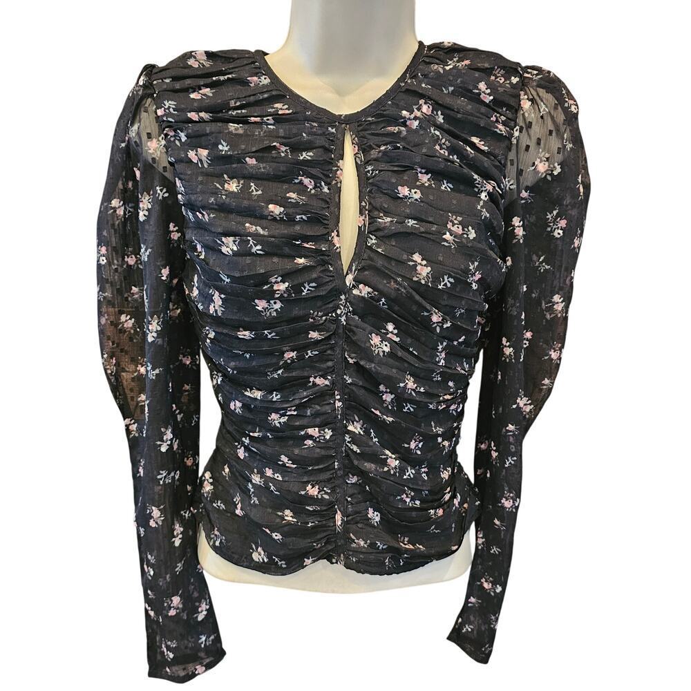 ANTHROPOLOGIE LET ME BE RUCHED BLACK FLORAL BLOUSE TOP BACK ZIPPER XS SHEER ARMS